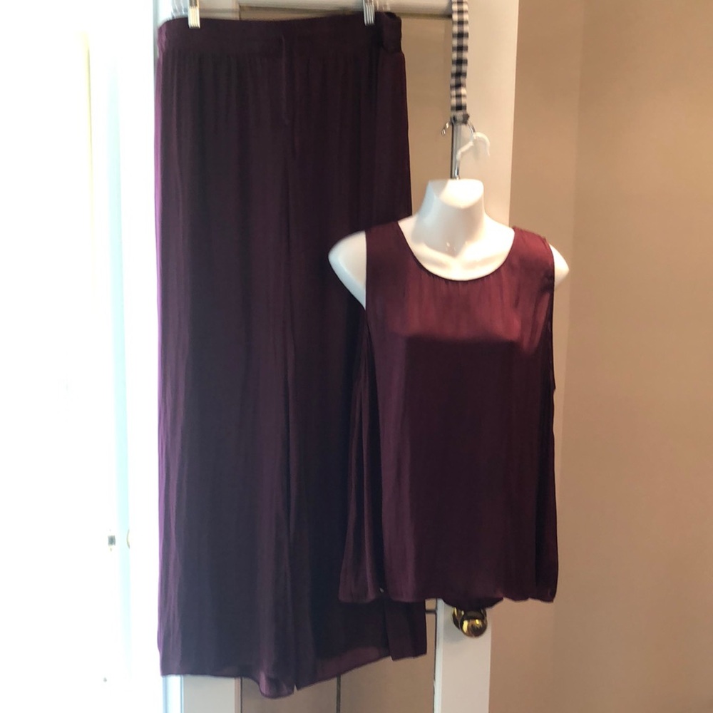 Sleeveless Satin-Look Top and Wide Leg Pants Set in Deep Plum
